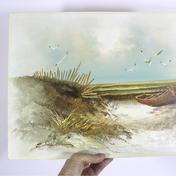 Vintage Oil Painting, Seascape, Beach Scene Boat Sand Dunes Waves Seagulls Beach - Picture 3 of 8